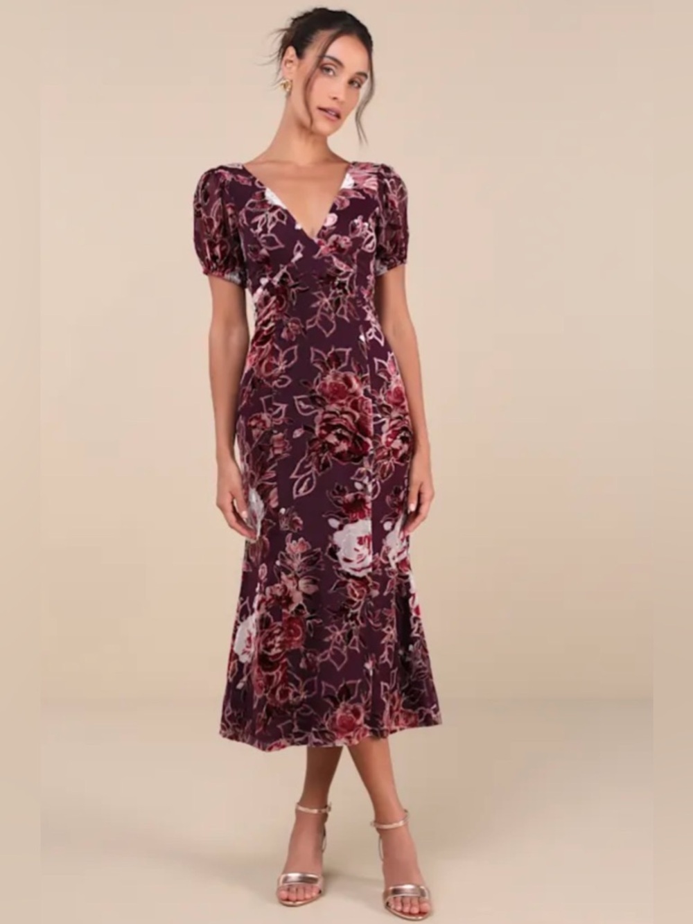 Purple Velvet Puff Sleeve Midi Dress